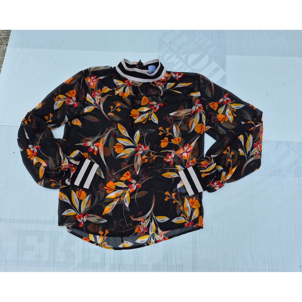 French Connection Sheer Floral Mock Neck Blouse Striped Trim Size 2 Black Orange